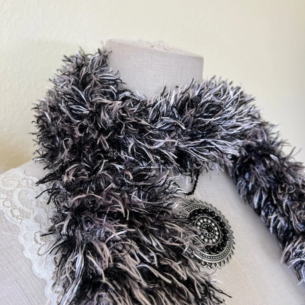 Black and White Fuzzy Eyelash Knit Scarf Soft Textured Y2K Rave Soft Girl Grunge